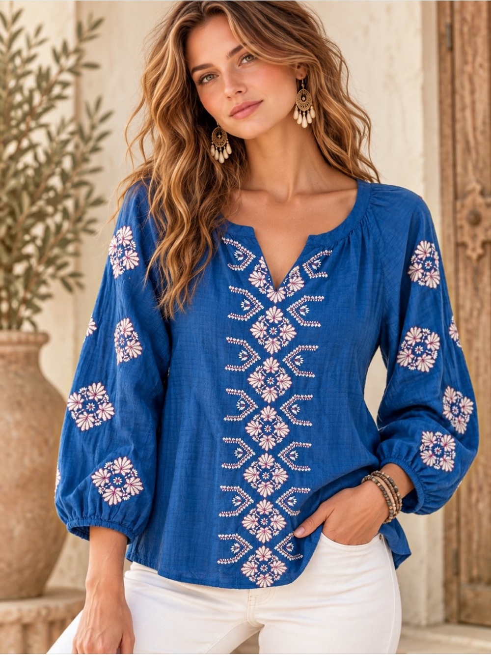 J.Jill Embroidered Cotton Peasant Blouse Blue Boho XS